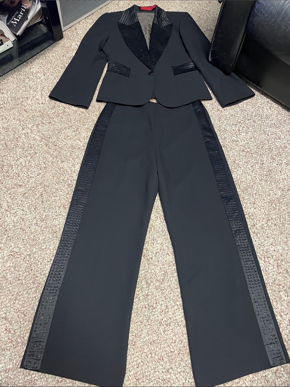 Satin beaded Black Tuxedo wide leg Pants & sheer cut out blazer suit Set
